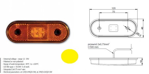 Szélességjelző 12v/24v kerekített  alakú sárga 4 LED sík hátoldal 120 mm x 46 mm
