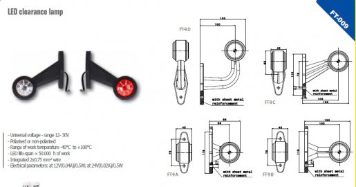 Szélességjelző 12v/24v LED piros/fehér 45 fokos rövid egyenes 133 mm kinyúlás