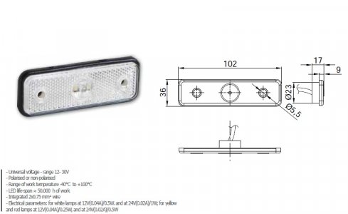 Szélességjelző 12v/24v téglalap alakú fehér 2 LED es+gumitalp 102 mm x 36 mm