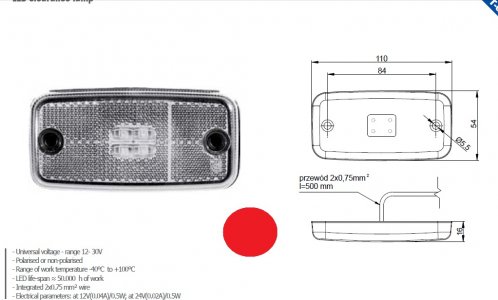 Szélességjelző 12v/24v téglalap  alakú piros 4 LED sík hátoldal 110 mm x 54 mm
