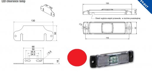 Szélességjelző 12v/24v téglalap  alakú piros középen 4 LED sík hátoldal 130 mm x 32 mm