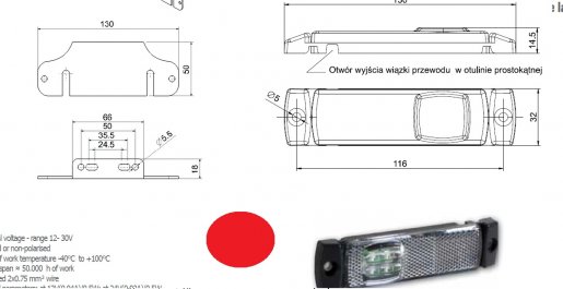 Szélességjelző 12v/24v téglalap  alakú piros szélén 4 LED sík hátoldal 130 mm x 32 mm